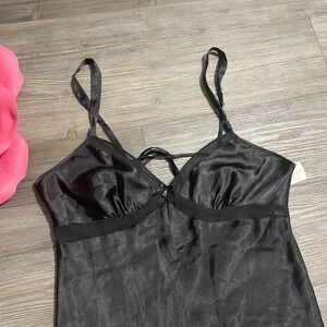 NWT‎ LINEA DONATELLA Sz L Black Satin Long Babydoll Slip Dress Nightgown Y2K VTG